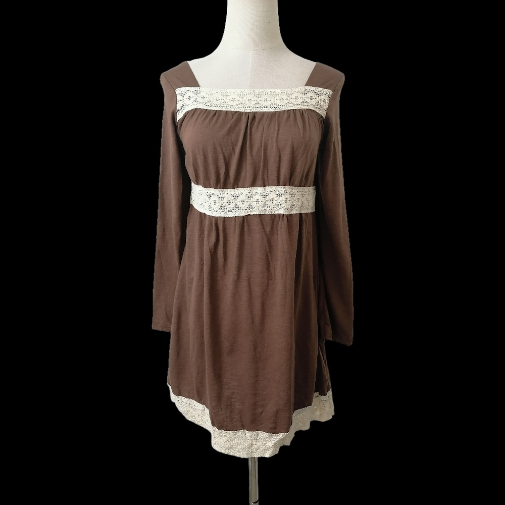 S,brown cotton lace long sleeve dress